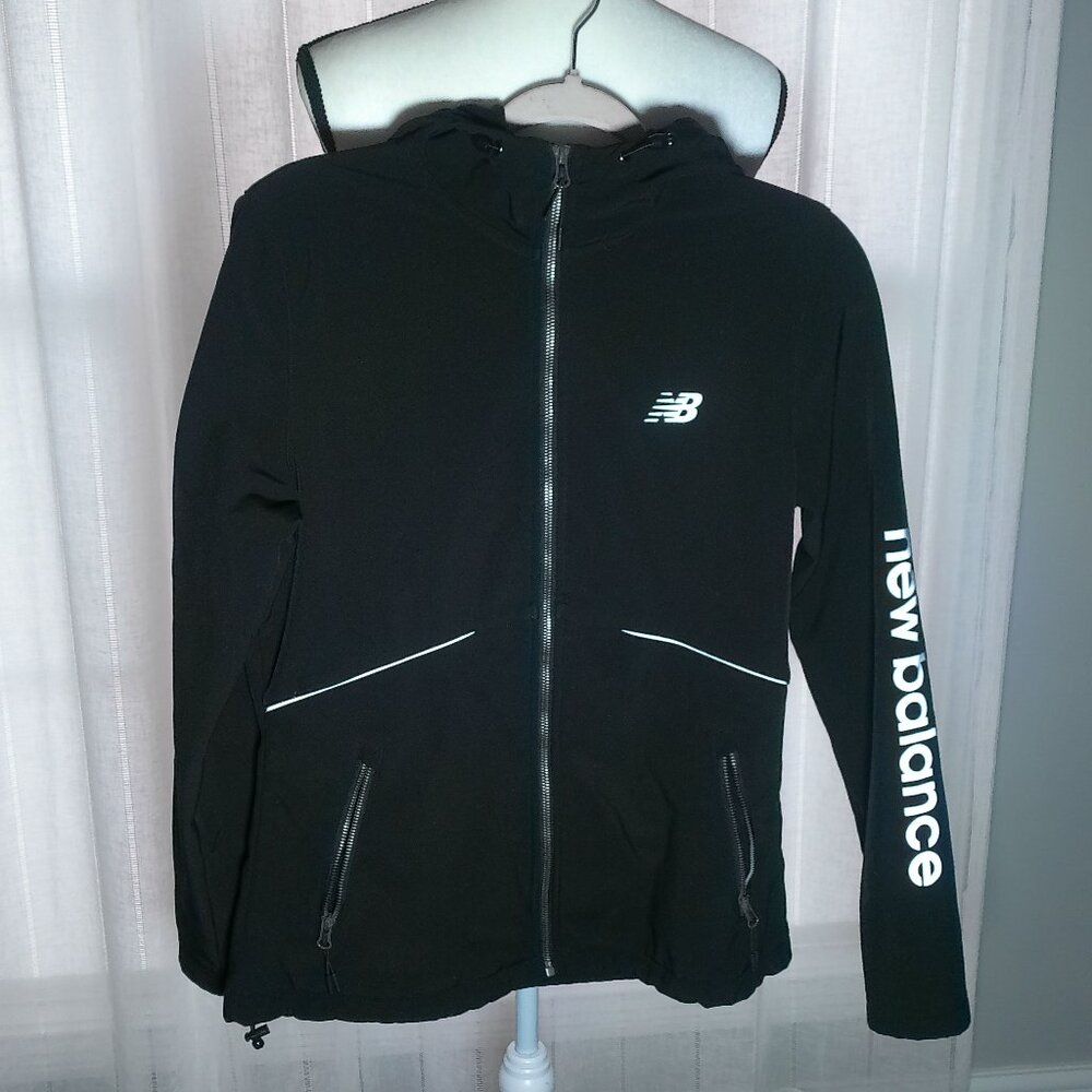 NEW BALANCE Long Sleeve Front Zip-Up w/ Pockets Black Hooded Jacket M*